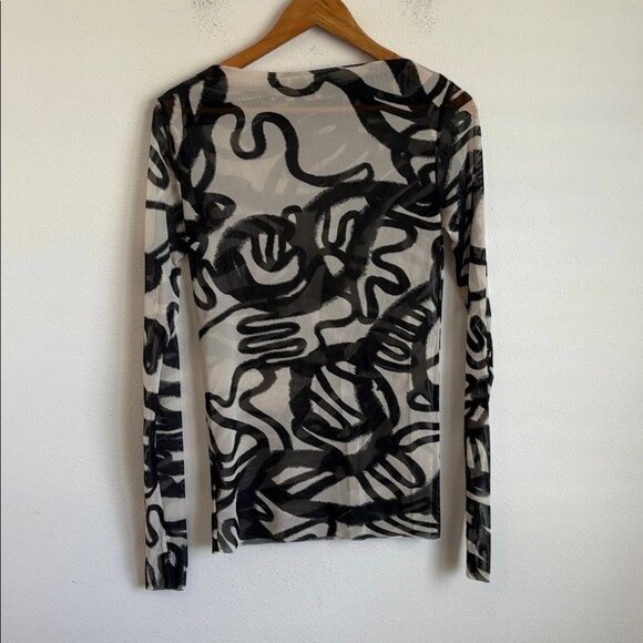 Humanoid Black and White Abstract Long Sleeve Top Womens Mesh Medium - Picture 2 of 6